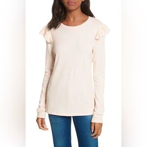FRAME Ruffle Shoulder Crew Neck Long Sleeve Cotton Top Light Pastel Pink L NWT